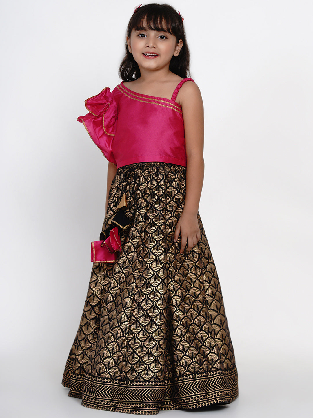 Girls Pink & Black Printed Ready to Wear Lehenga & Blouse for Kids - Bhama - Distacart