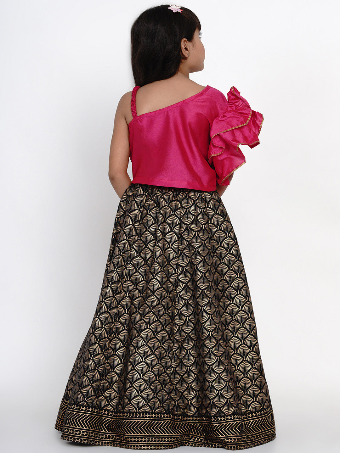 Girls Pink & Black Printed Ready to Wear Lehenga & Blouse for Kids - Bhama - Distacart
