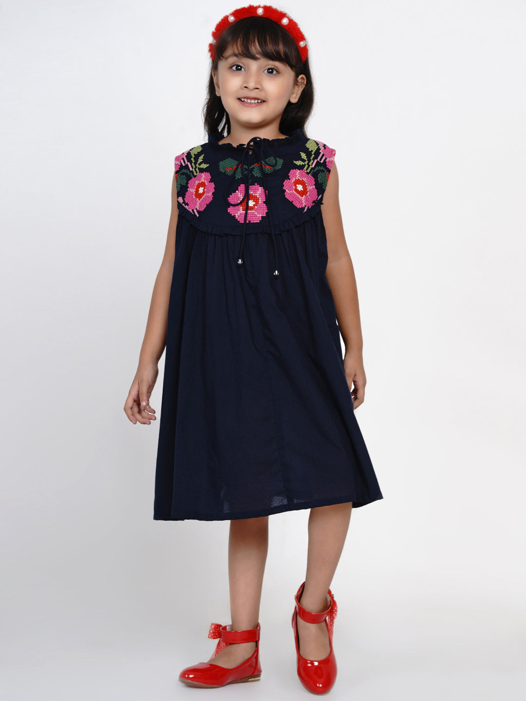Girls Navy Blue Solid Fit And Flare Dress for Kids - Bhama - Distacart