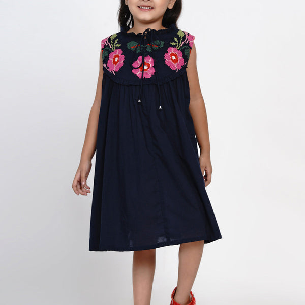 Girls Navy Blue Solid Fit And Flare Dress for Kids - Bhama - Distacart