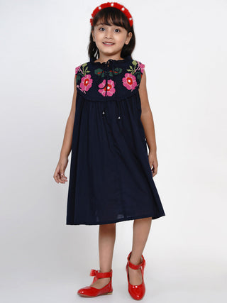 Girls Navy Blue Solid Fit And Flare Dress for Kids - Bhama - Distacart