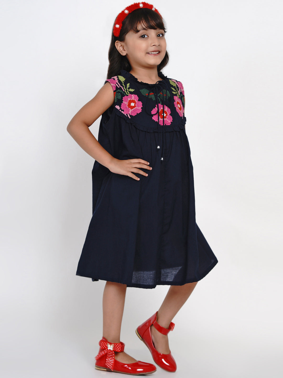 Girls Navy Blue Solid Fit And Flare Dress for Kids - Bhama - Distacart