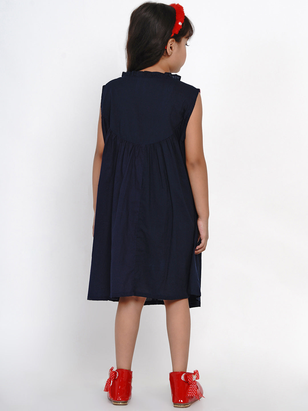 Girls Navy Blue Solid Fit And Flare Dress for Kids - Bhama - Distacart