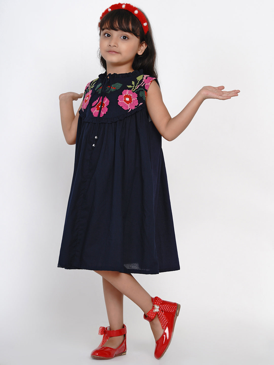 Girls Navy Blue Solid Fit And Flare Dress for Kids - Bhama - Distacart
