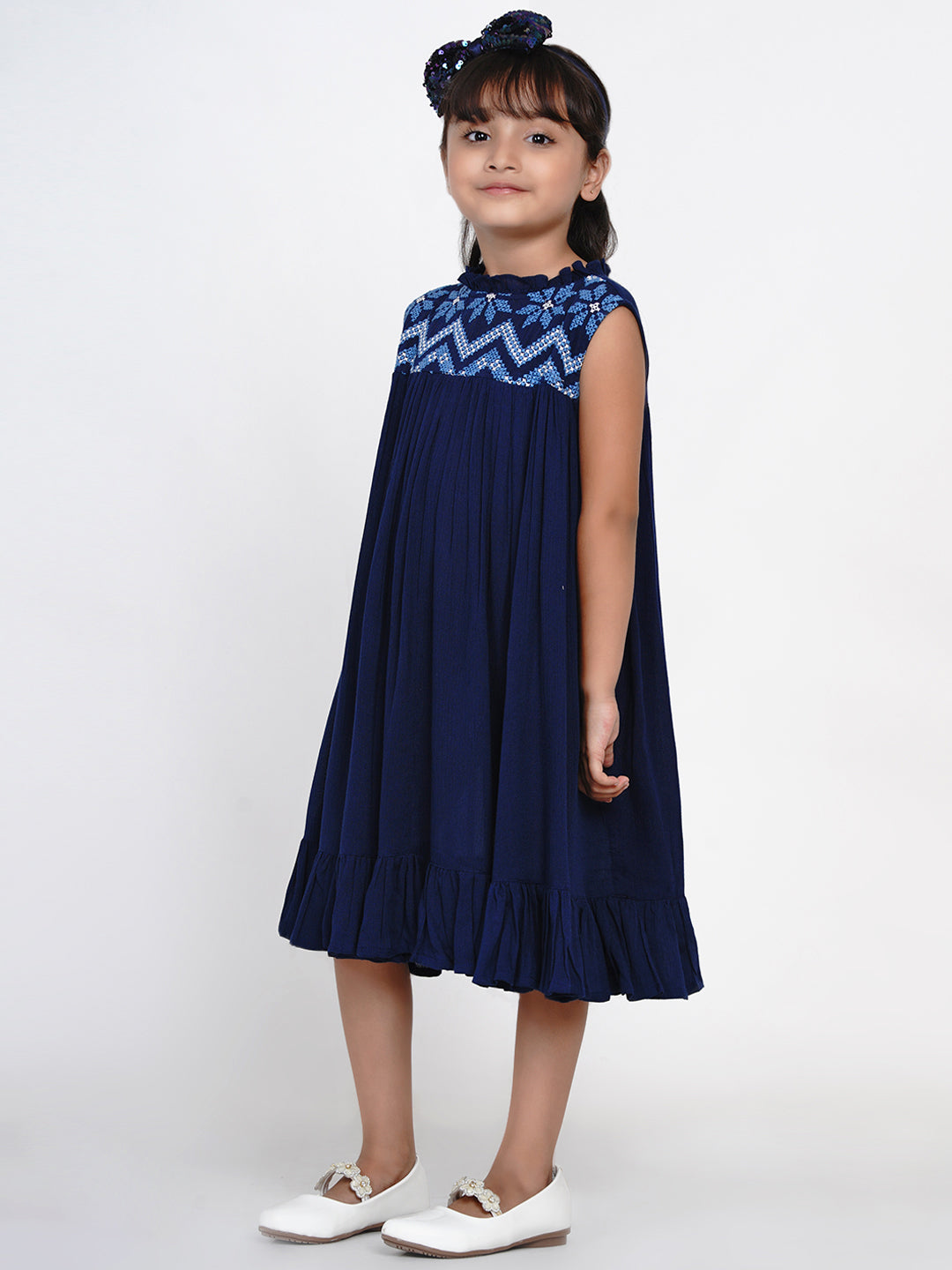 Girls Navy Blue Embroidered A-Line Dress for Kids - Bhama - Distacart