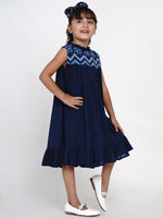 Thumbnail for Girls Navy Blue Embroidered A-Line Dress for Kids - Bhama - Distacart