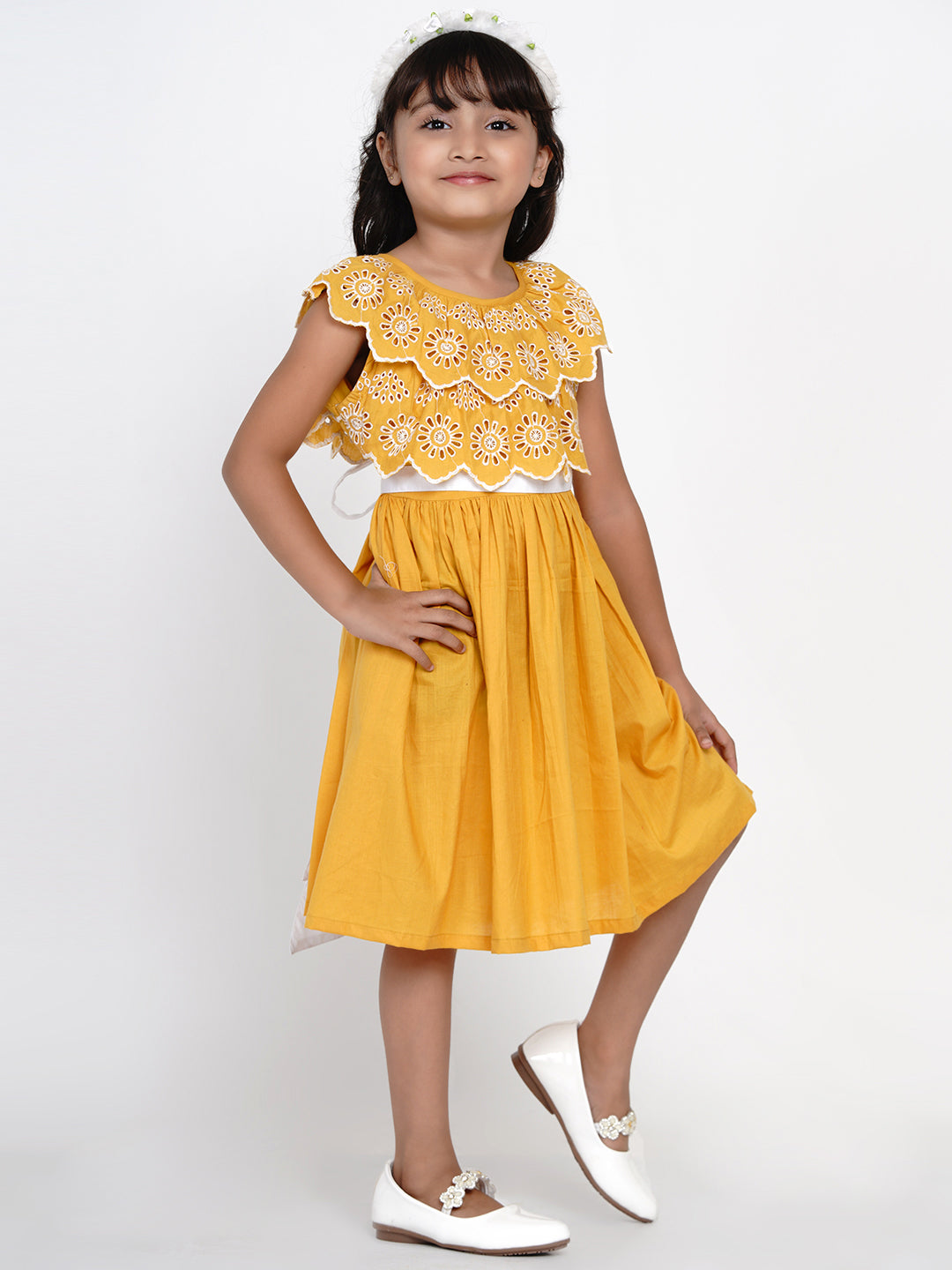 Mustard Shiffli Dress for Kids - Bhama - Distacart