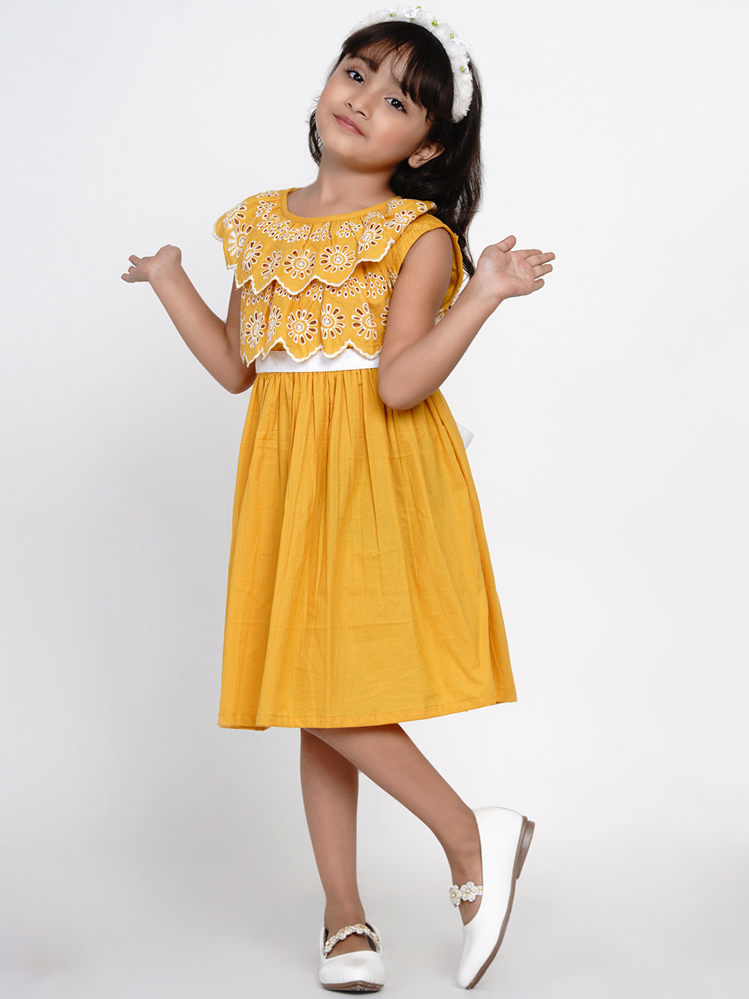Mustard Shiffli Dress for Kids - Bhama - Distacart