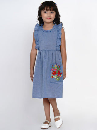 Girls Blue Solid Fit and Flare Dress for Kids - Bhama - Distacart