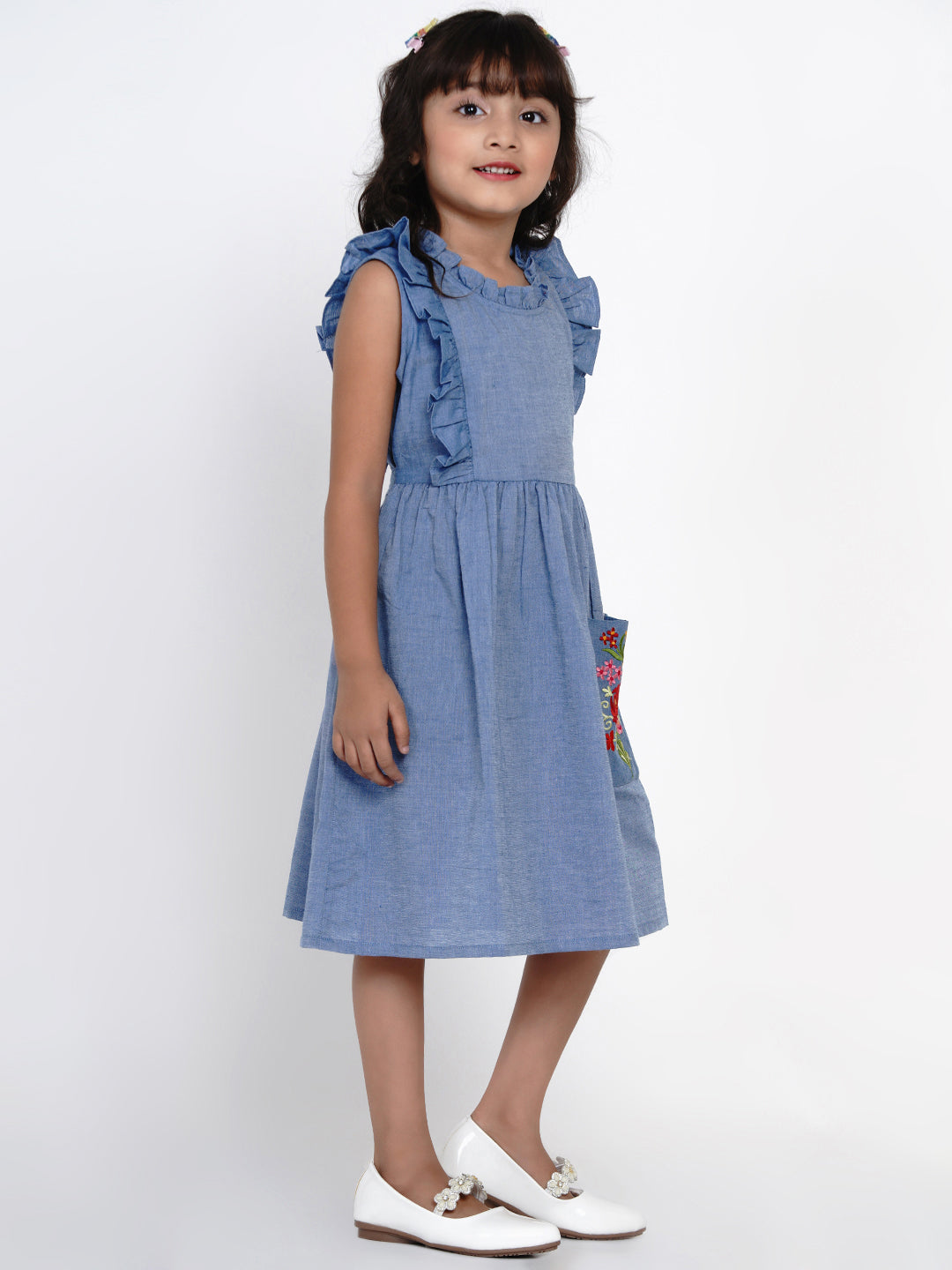 Girls Blue Solid Fit and Flare Dress for Kids - Bhama - Distacart