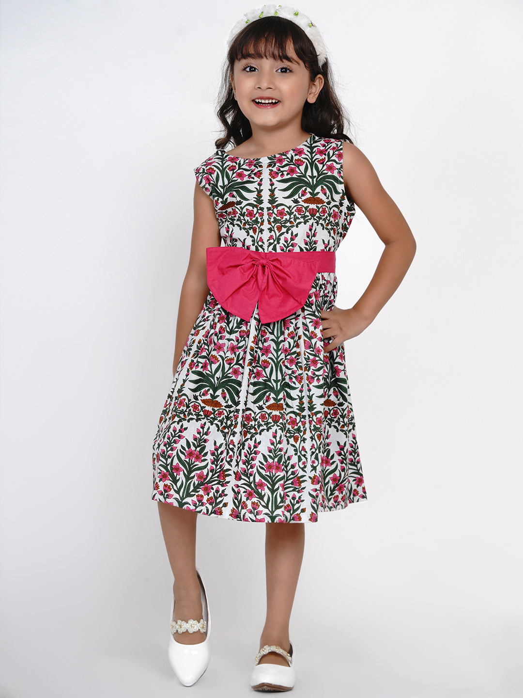 Girls White & Pink Printed Fit And Flare Dress for Kids - Bhama - Distacart