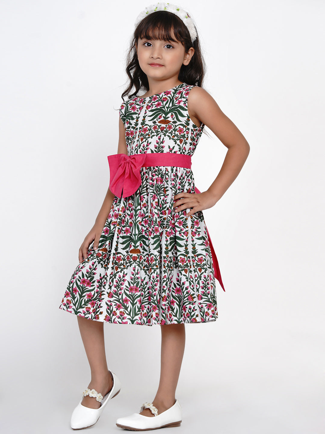 Girls White & Pink Printed Fit And Flare Dress for Kids - Bhama - Distacart