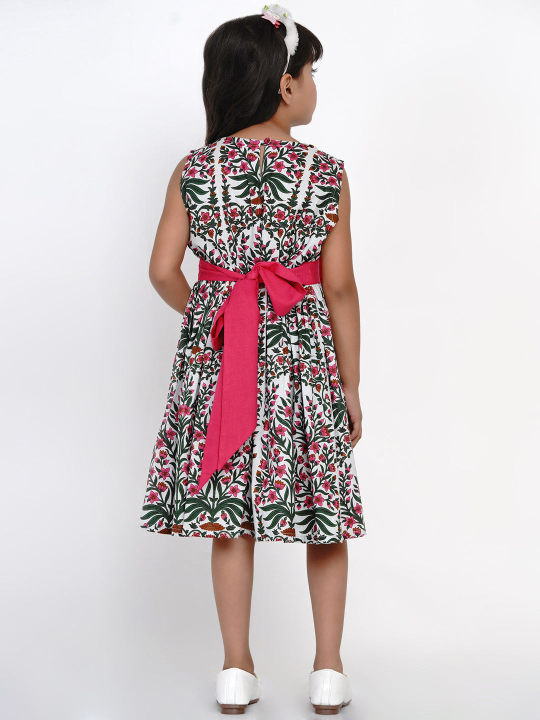 Girls White & Pink Printed Fit And Flare Dress for Kids - Bhama - Distacart