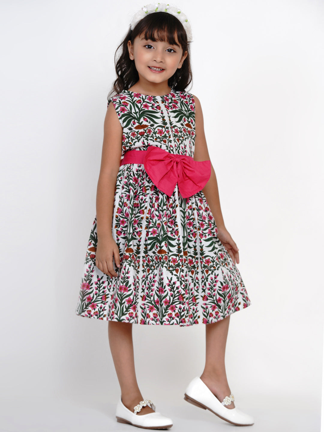 Girls White & Pink Printed Fit And Flare Dress for Kids - Bhama - Distacart