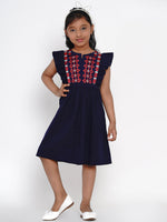 Thumbnail for Girls Navy Blue Embroidered Fit And Flare Dress for Kids - Bhama - Distacart