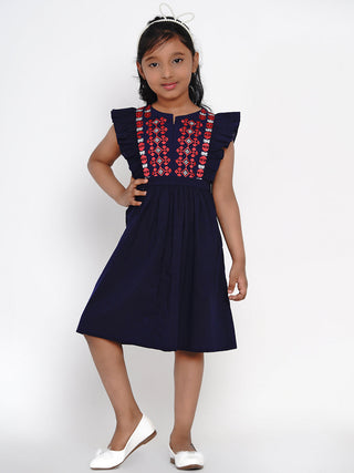 Girls Navy Blue Embroidered Fit And Flare Dress for Kids - Bhama - Distacart