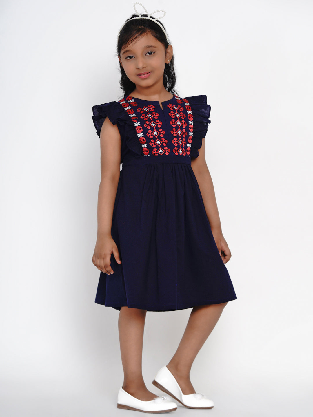 Girls Navy Blue Embroidered Fit And Flare Dress for Kids - Bhama - Distacart