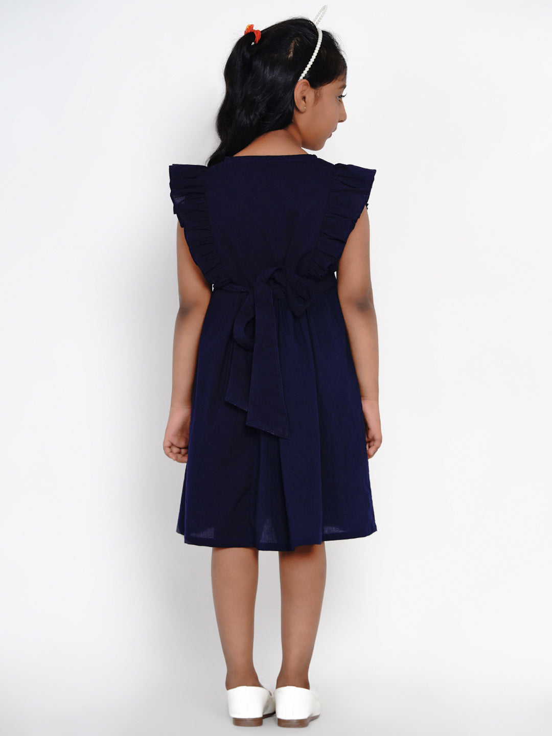 Girls Navy Blue Embroidered Fit And Flare Dress for Kids - Bhama - Distacart