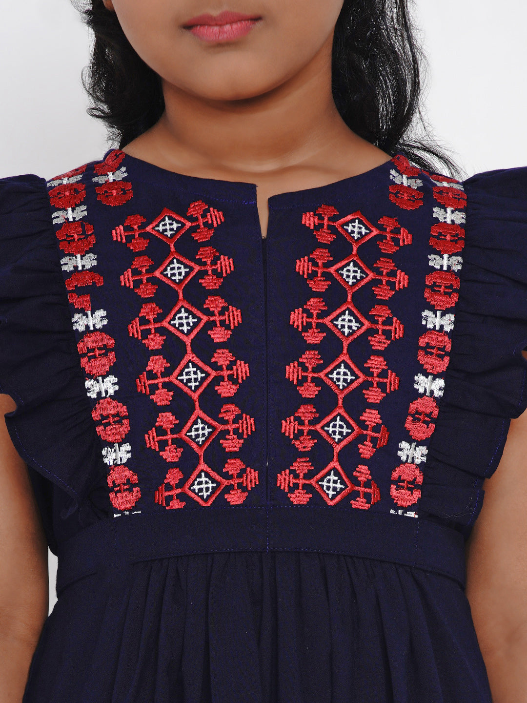 Girls Navy Blue Embroidered Fit And Flare Dress for Kids - Bhama - Distacart