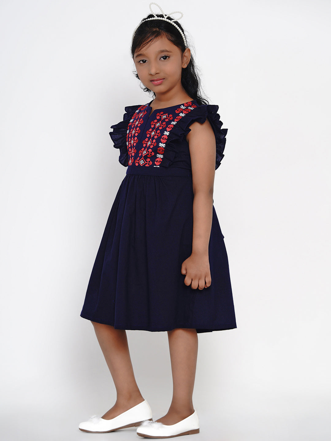 Girls Navy Blue Embroidered Fit And Flare Dress for Kids - Bhama - Distacart