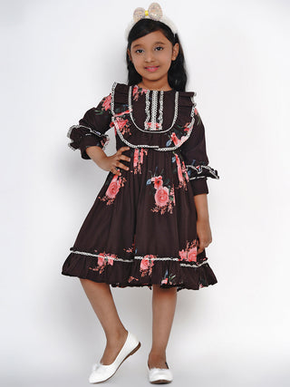 Girls Black Floral Printed Crepe Fit And Flare Dress for Kids - Bhama - Distacart