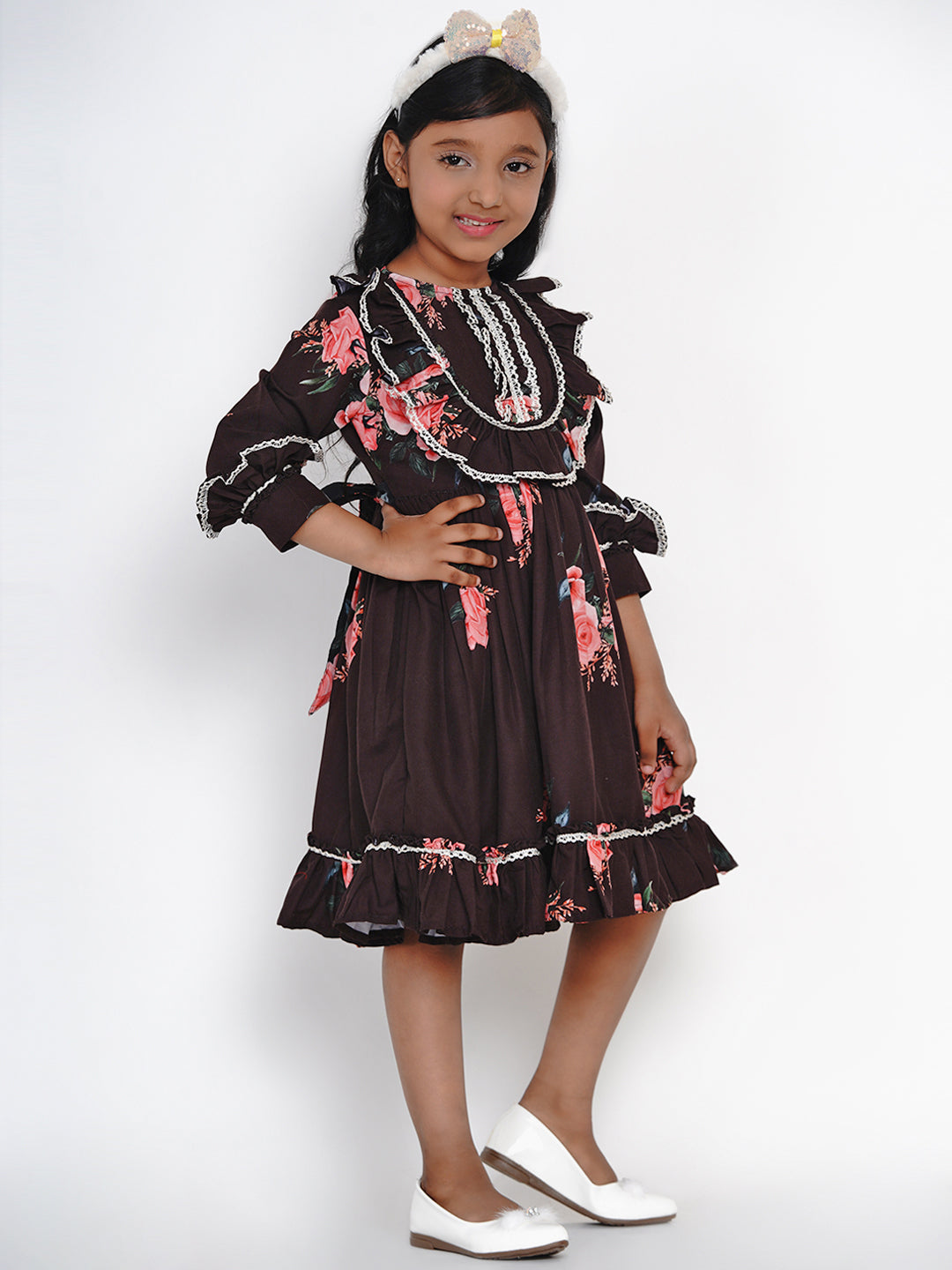 Girls Black Floral Printed Crepe Fit And Flare Dress for Kids - Bhama - Distacart