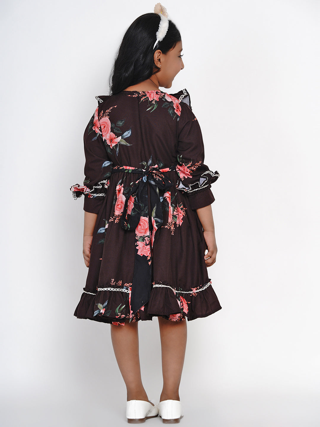 Girls Black Floral Printed Crepe Fit And Flare Dress for Kids - Bhama - Distacart