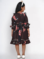Thumbnail for Girls Black Floral Printed Crepe Fit And Flare Dress for Kids - Bhama - Distacart