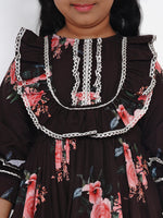 Thumbnail for Girls Black Floral Printed Crepe Fit And Flare Dress for Kids - Bhama - Distacart