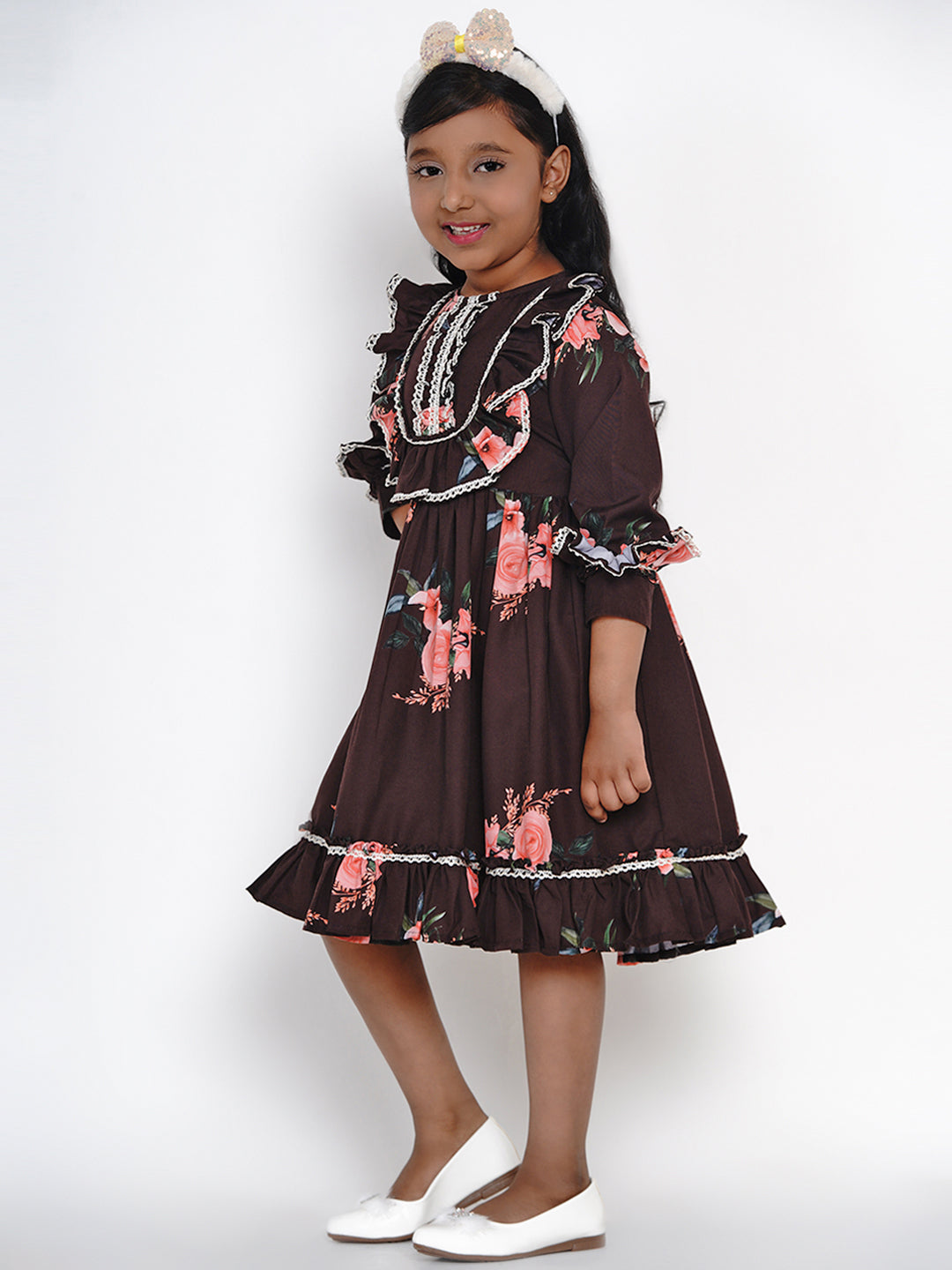 Girls Black Floral Printed Crepe Fit And Flare Dress for Kids - Bhama - Distacart
