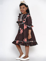 Thumbnail for Girls Black Floral Printed Crepe Fit And Flare Dress for Kids - Bhama - Distacart