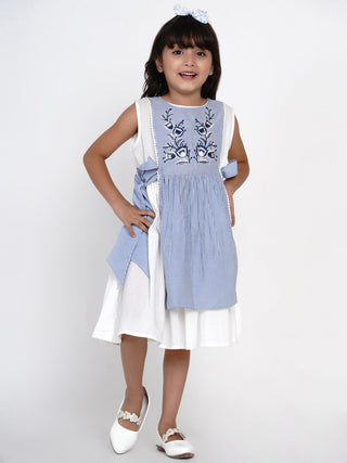 Girls Blue & White Striped Fit and Flare Layered Dress for Kids - Bhama - Distacart