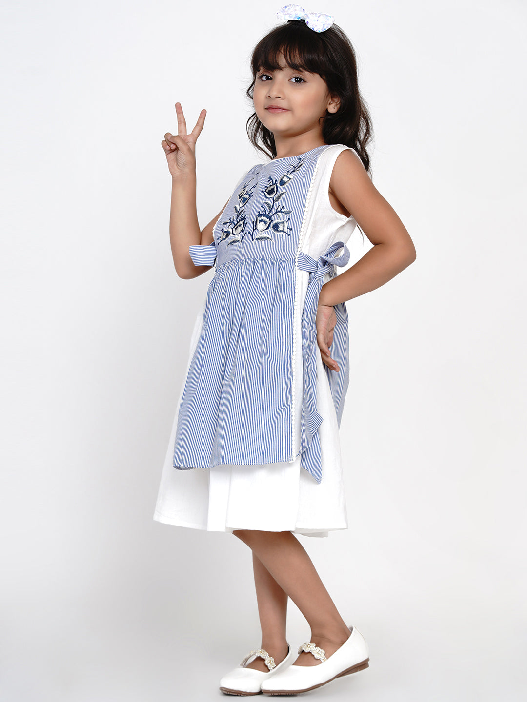 Girls Blue & White Striped Fit and Flare Layered Dress for Kids - Bhama - Distacart