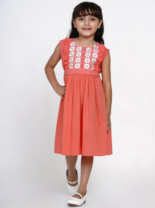 Girls Peach-Coloured Embroidered Fit And Flare Dress for Kids - Bhama - Distacart
