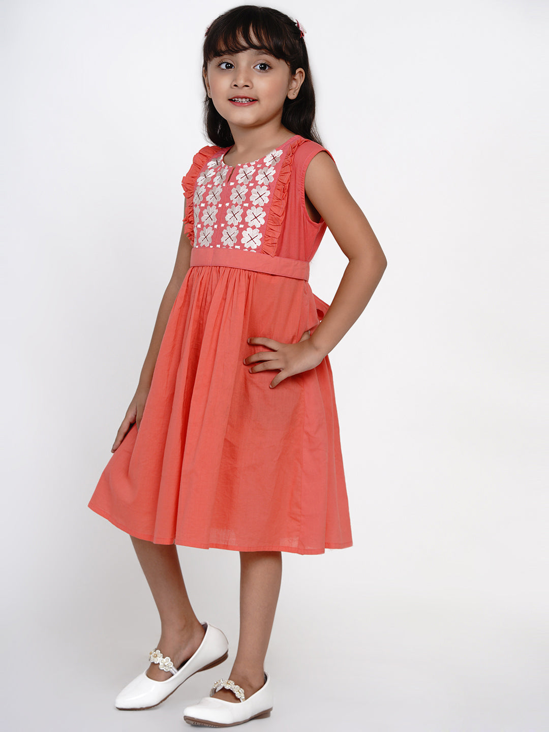 Girls Peach-Coloured Embroidered Fit And Flare Dress for Kids - Bhama - Distacart