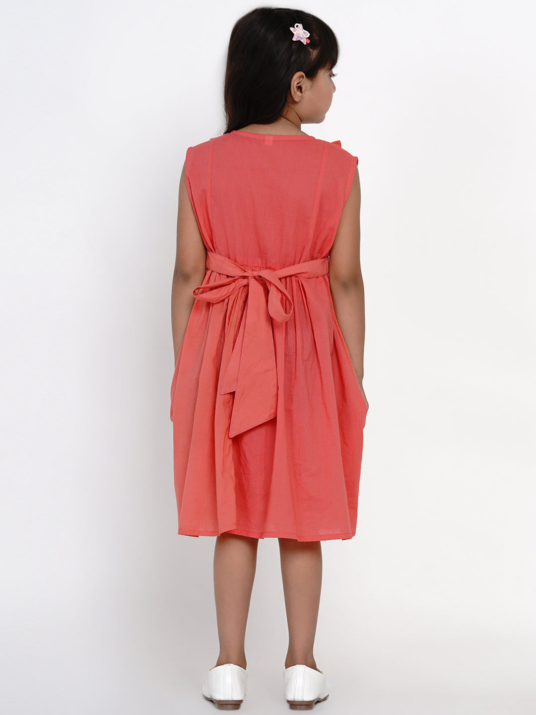 Girls Peach-Coloured Embroidered Fit And Flare Dress for Kids - Bhama - Distacart