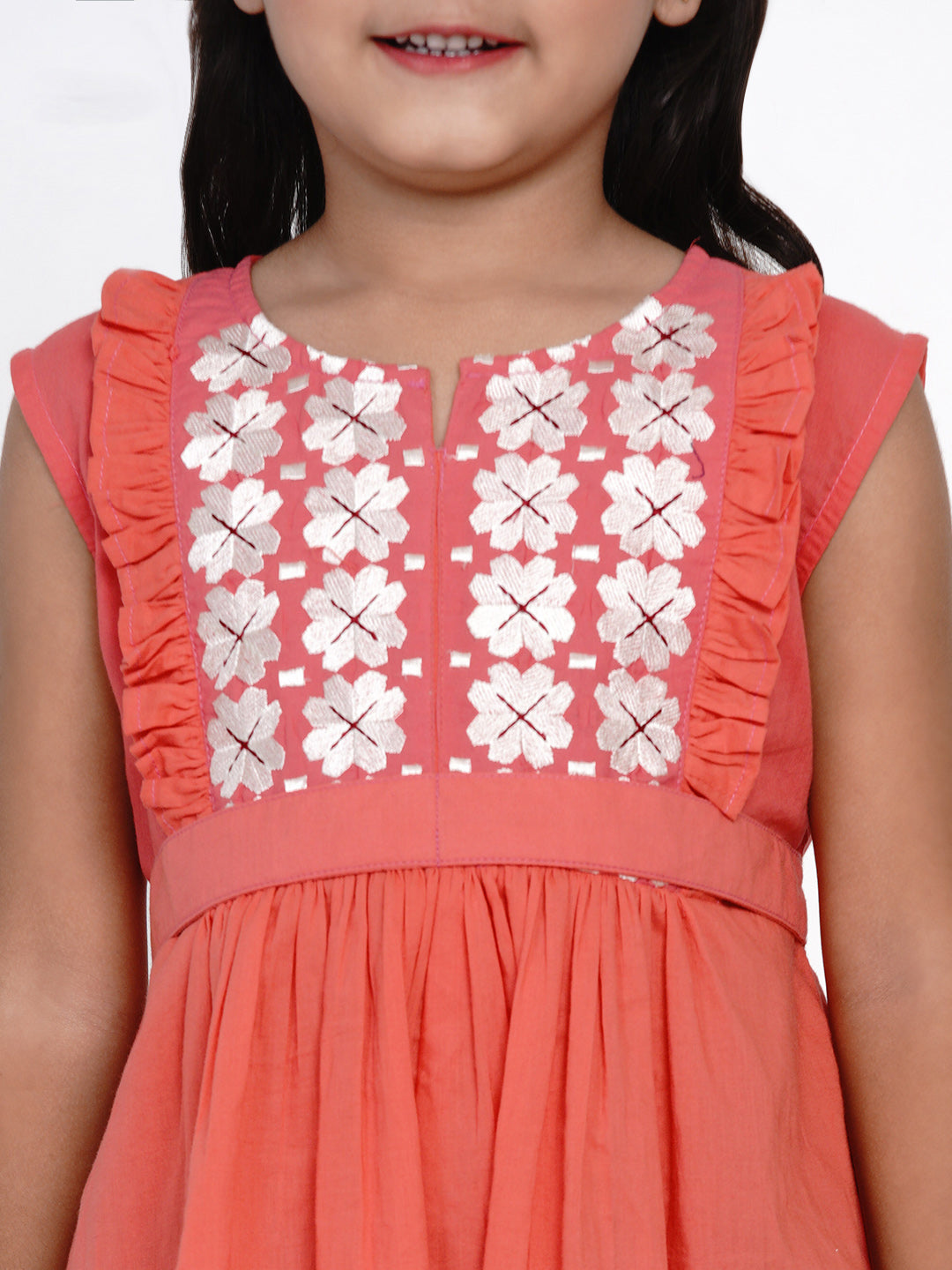 Girls Peach-Coloured Embroidered Fit And Flare Dress for Kids - Bhama - Distacart
