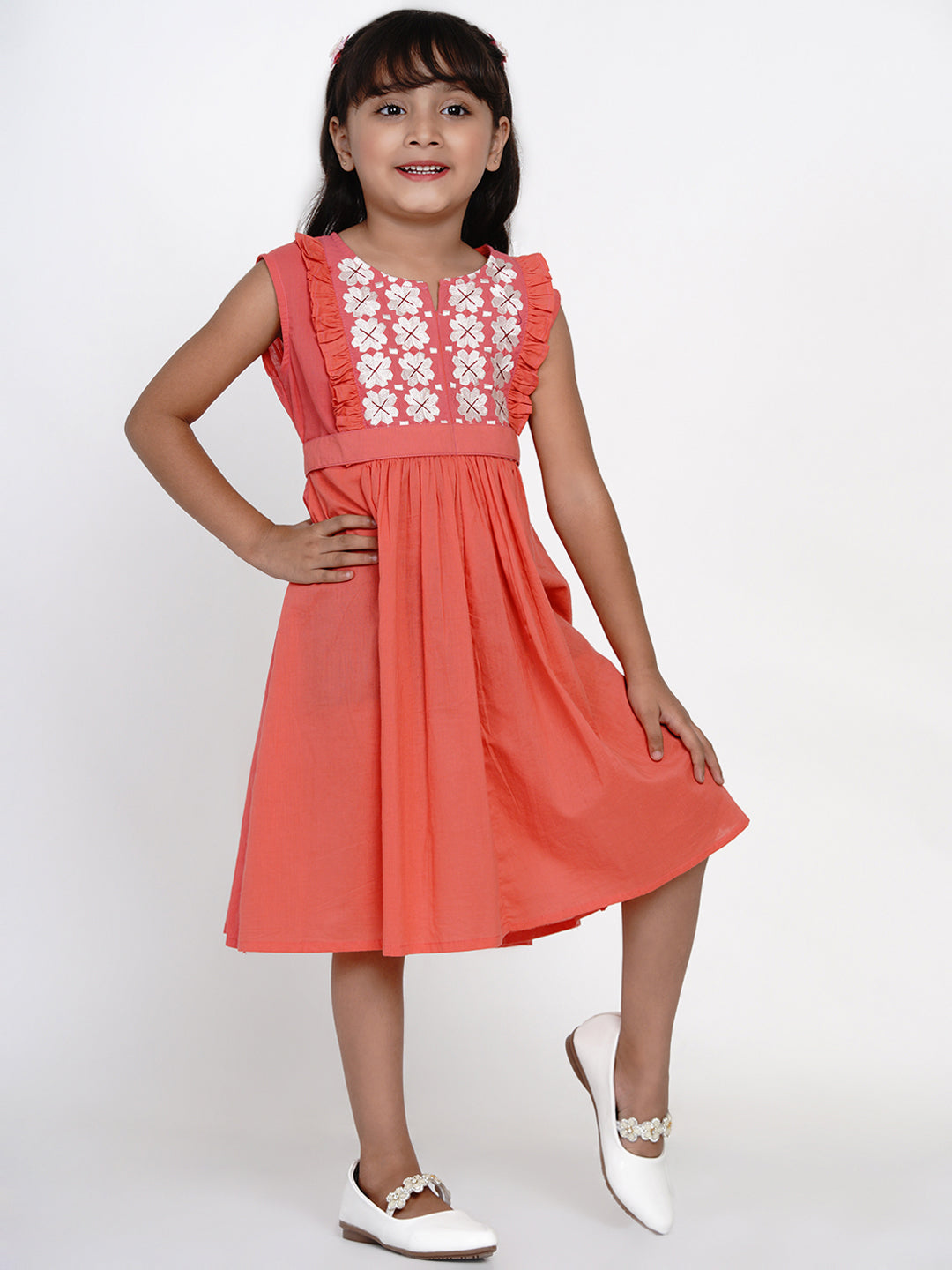 Girls Peach-Coloured Embroidered Fit And Flare Dress for Kids - Bhama - Distacart