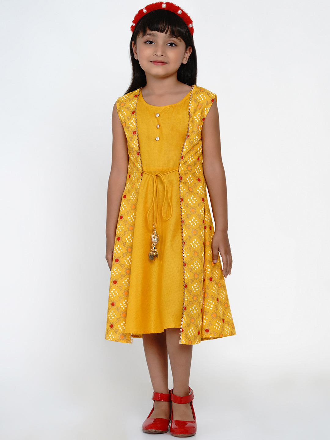 Girls Yellow Printed A-Line Dress for Kids - Bhama - Distacart