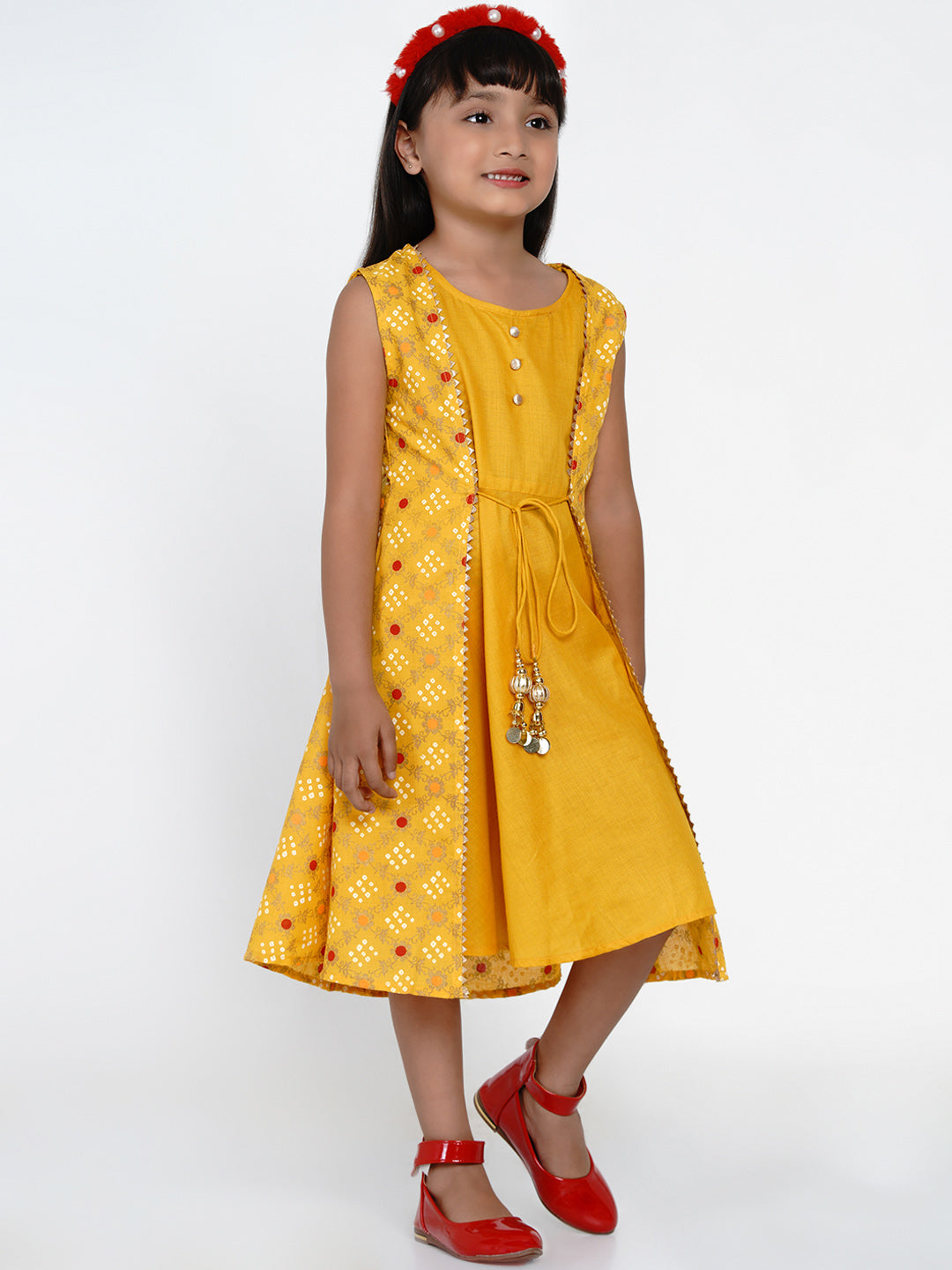 Girls Yellow Printed A-Line Dress for Kids - Bhama - Distacart