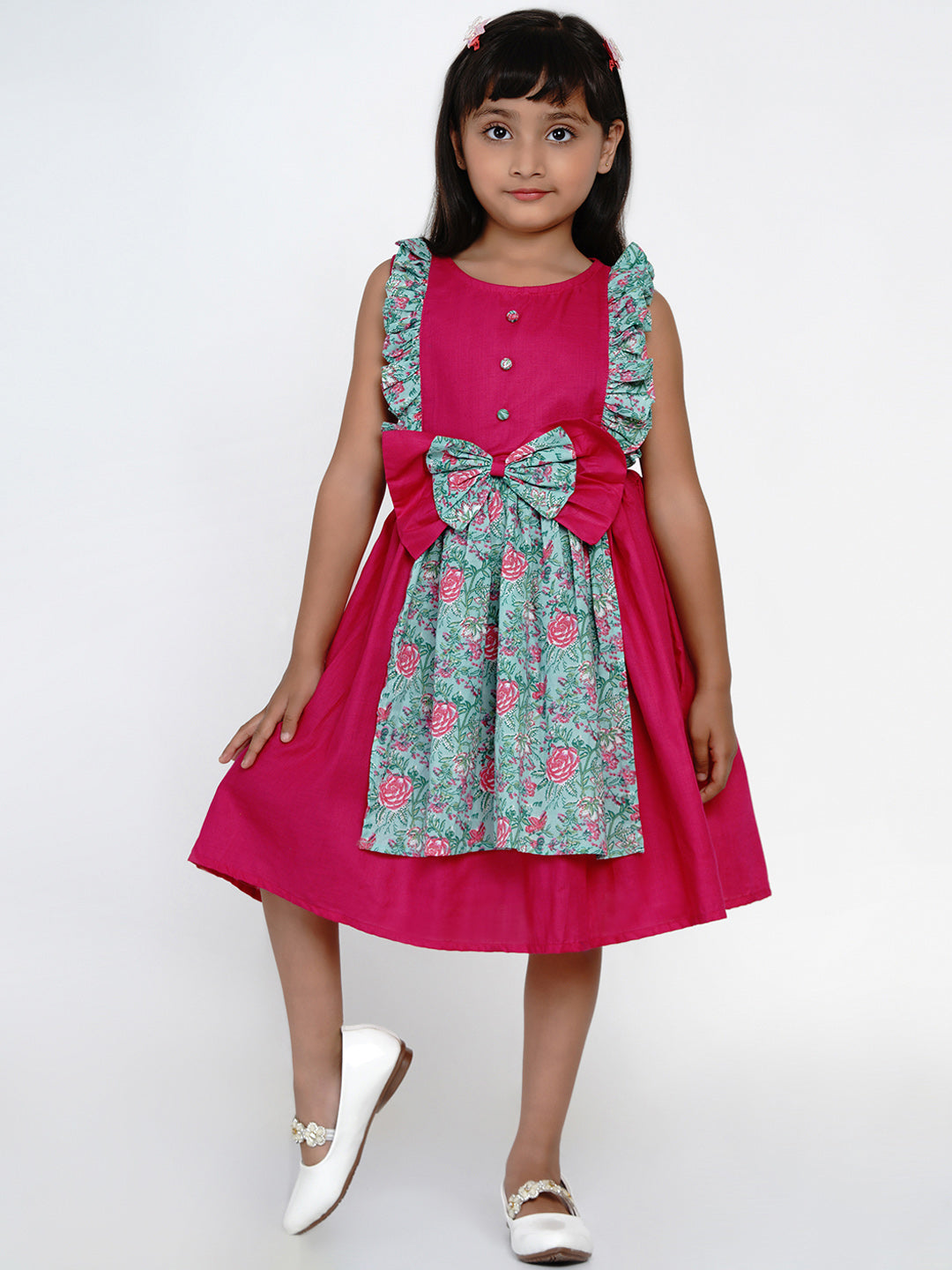 Girls Fuchsia Printed Fit and Flare Dress for Kids - Bhama - Distacart