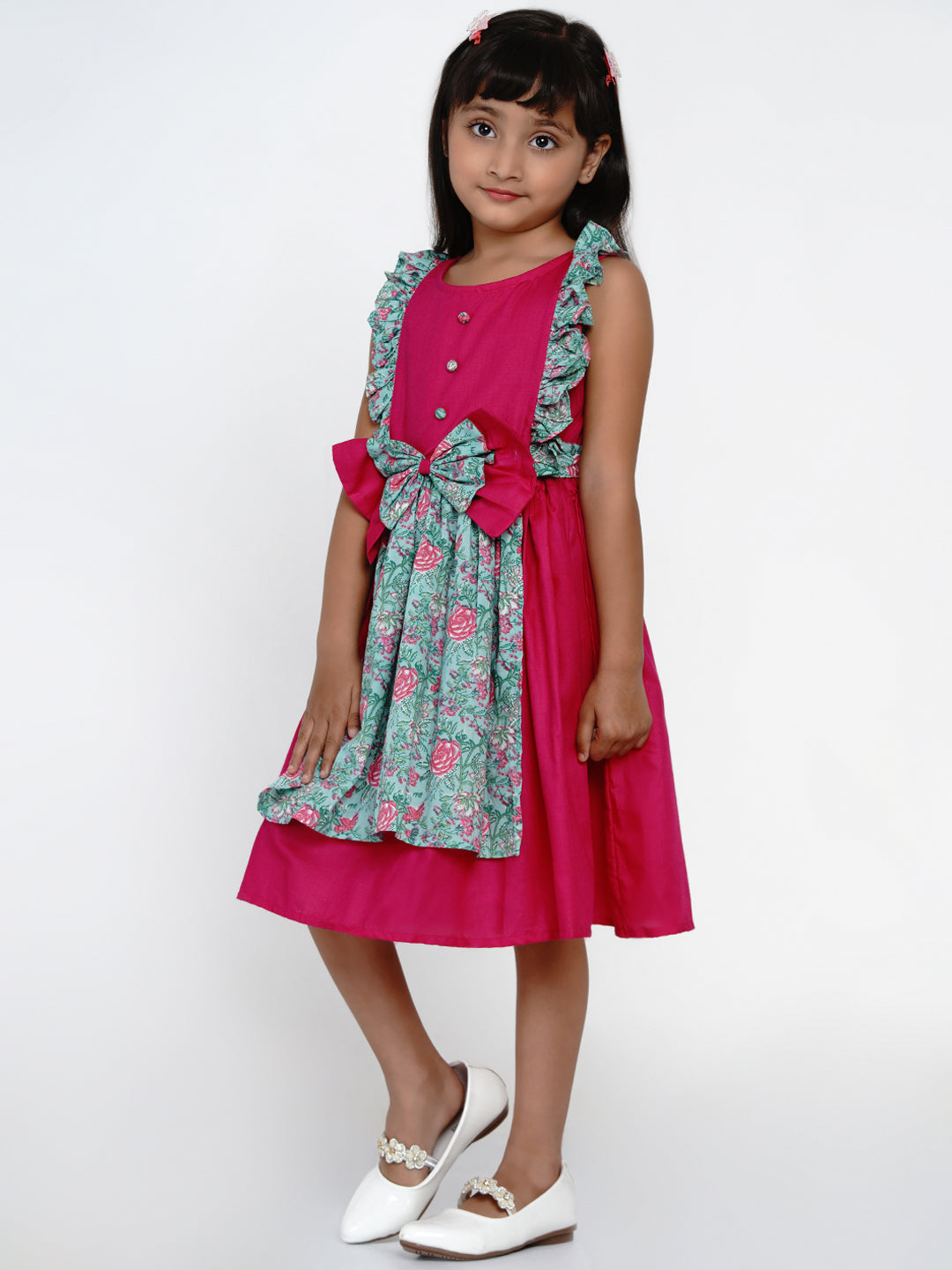Girls Fuchsia Printed Fit and Flare Dress for Kids - Bhama - Distacart