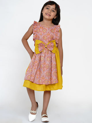 Girls Yellow & Pink Floral Printed Cotton Layered Fit and Flare Dress for Kids - Bhama - Distacart