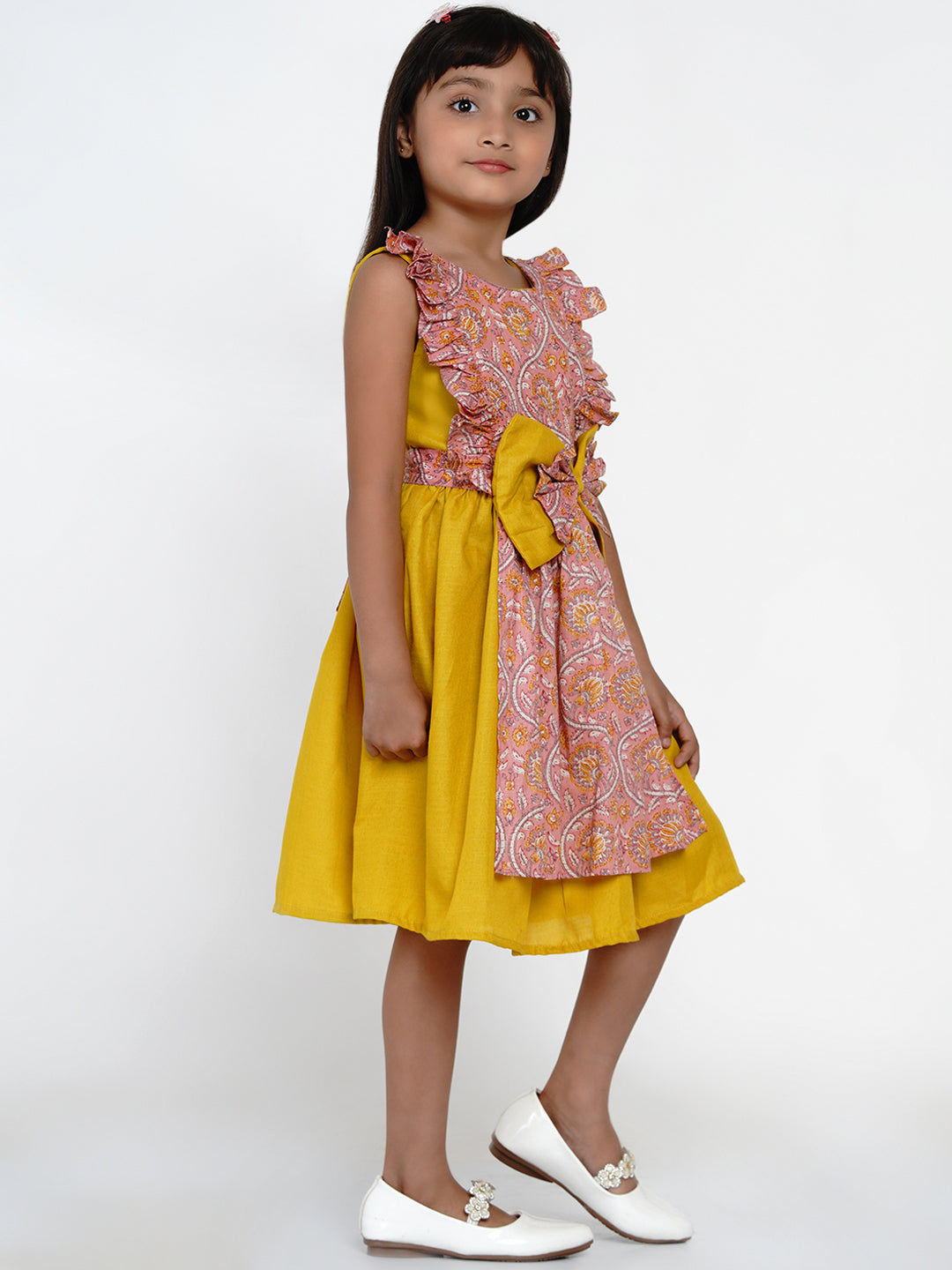 Girls Yellow & Pink Floral Printed Cotton Layered Fit and Flare Dress for Kids - Bhama - Distacart
