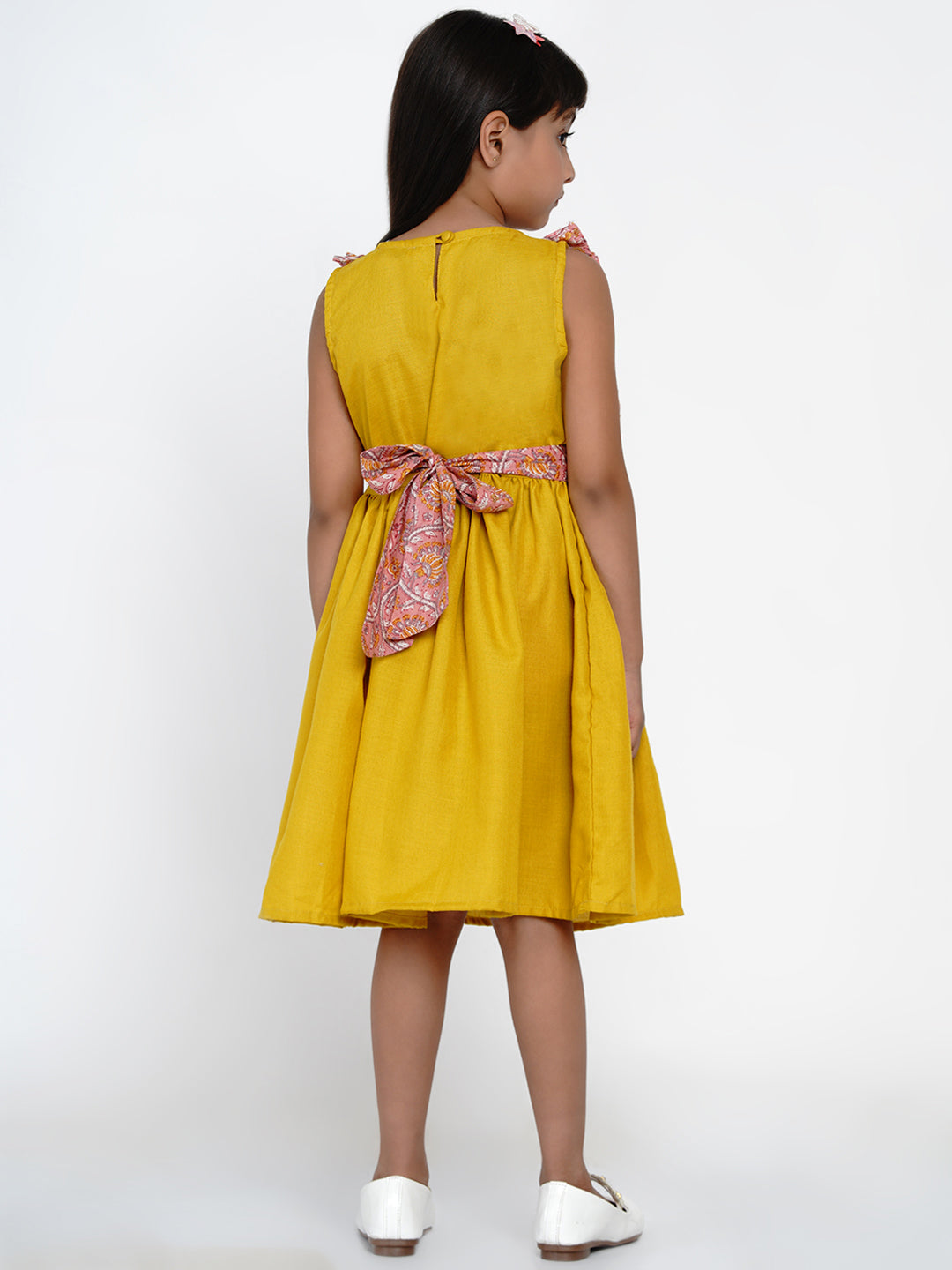 Girls Yellow & Pink Floral Printed Cotton Layered Fit and Flare Dress for Kids - Bhama - Distacart