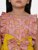 Thumbnail for Girls Yellow & Pink Floral Printed Cotton Layered Fit and Flare Dress for Kids - Bhama - Distacart