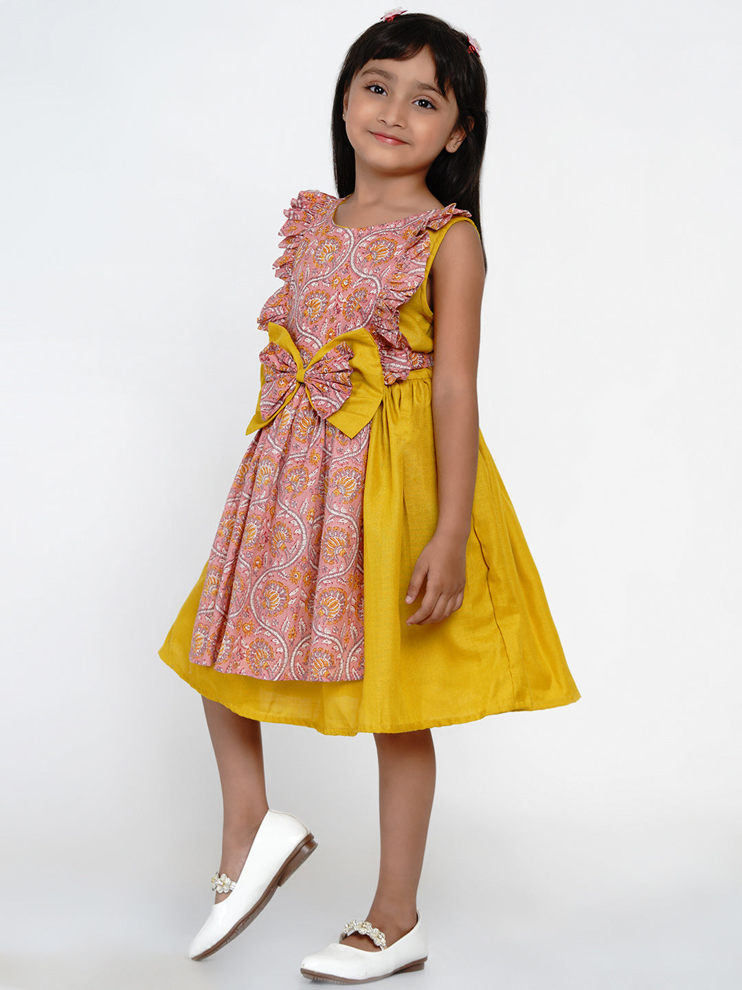 Girls Yellow & Pink Floral Printed Cotton Layered Fit and Flare Dress for Kids - Bhama - Distacart