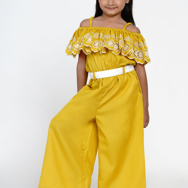 Girls Off Shoulder Cotton Ruffles Jumpsuit for Kids - Bhama - Distacart