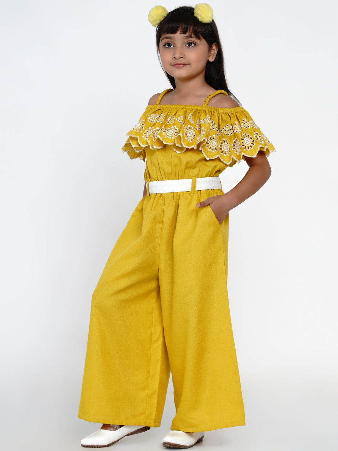 Girls Off Shoulder Cotton Ruffles Jumpsuit for Kids - Bhama - Distacart