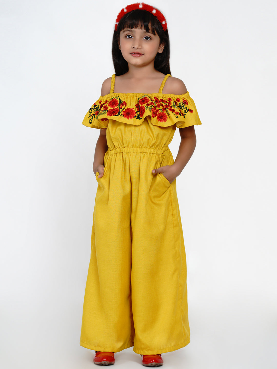 Mustard Embroidered Jumpsuit for Kids - Bhama - Distacart